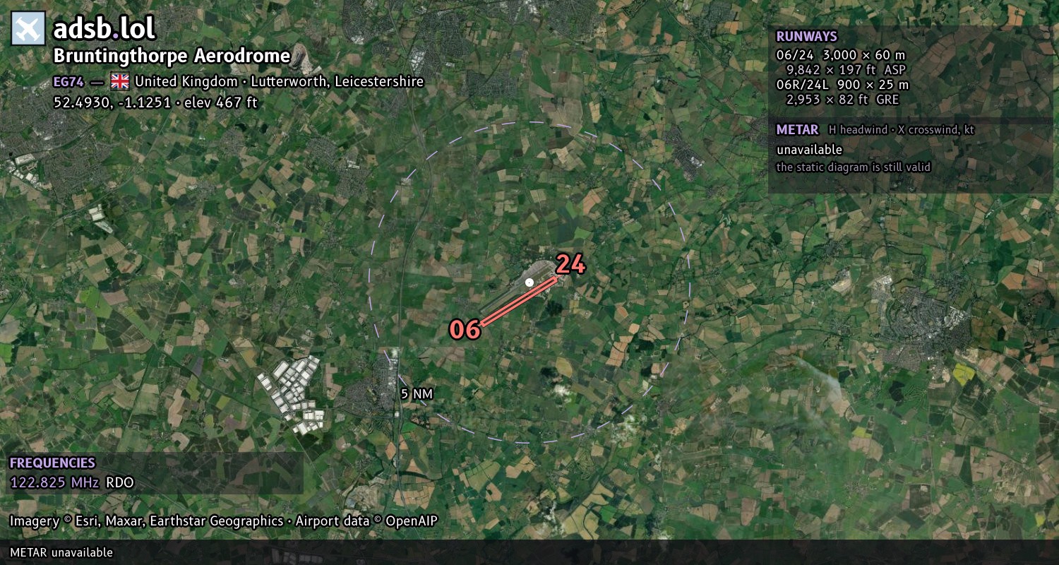 Satellite map with the runway layout of Bruntingthorpe Aerodrome (EG74)