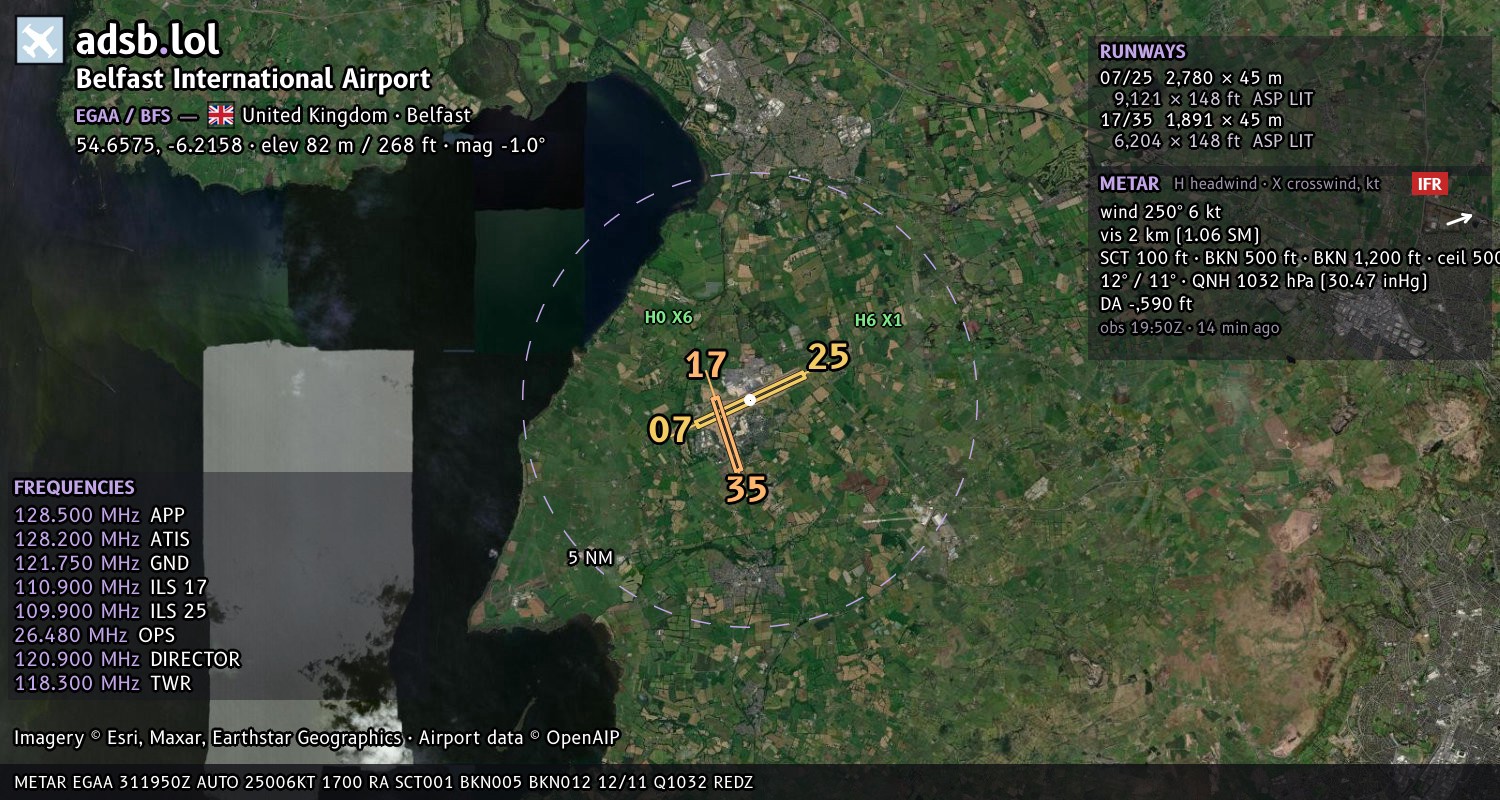 Satellite map with the runway layout of Belfast International Airport (EGAA)