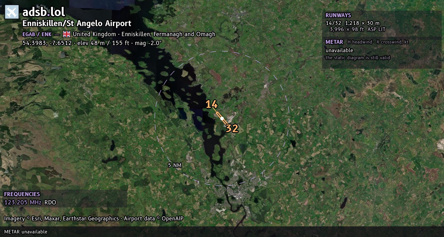 Satellite map with the runway layout of Enniskillen/St Angelo Airport (EGAB)