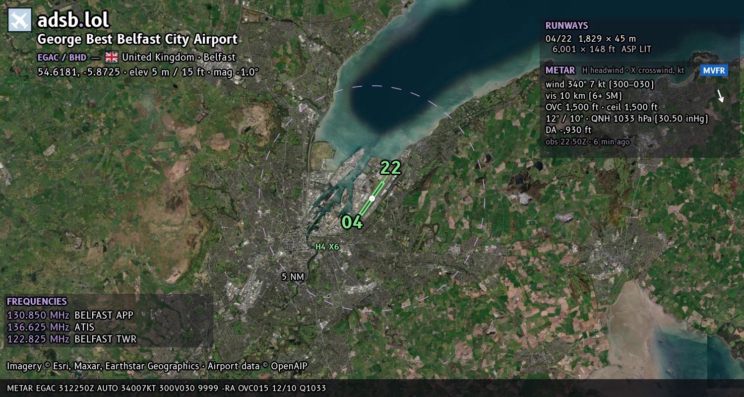 Satellite map with the runway layout of George Best Belfast City Airport (EGAC)
