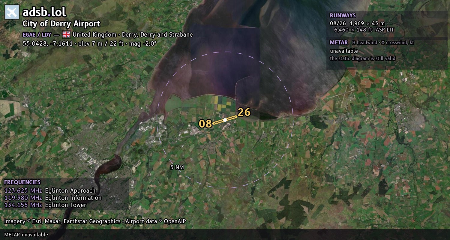 Satellite map with the runway layout of City of Derry Airport (EGAE)