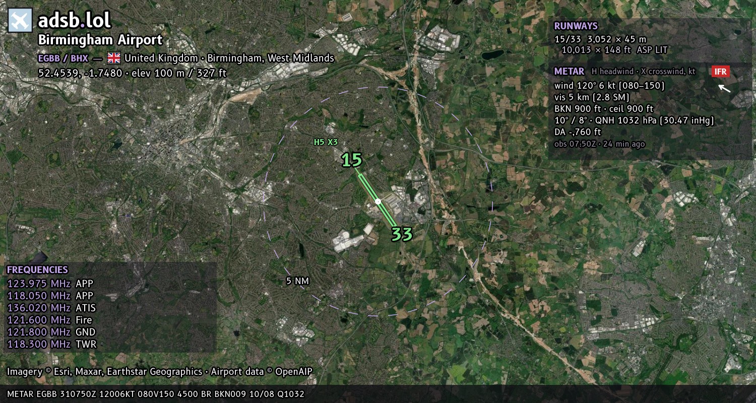 Satellite map with the runway layout of Birmingham Airport (EGBB)