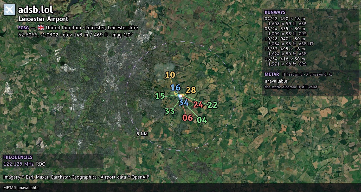 Satellite map with the runway layout of Leicester Airport (EGBG)