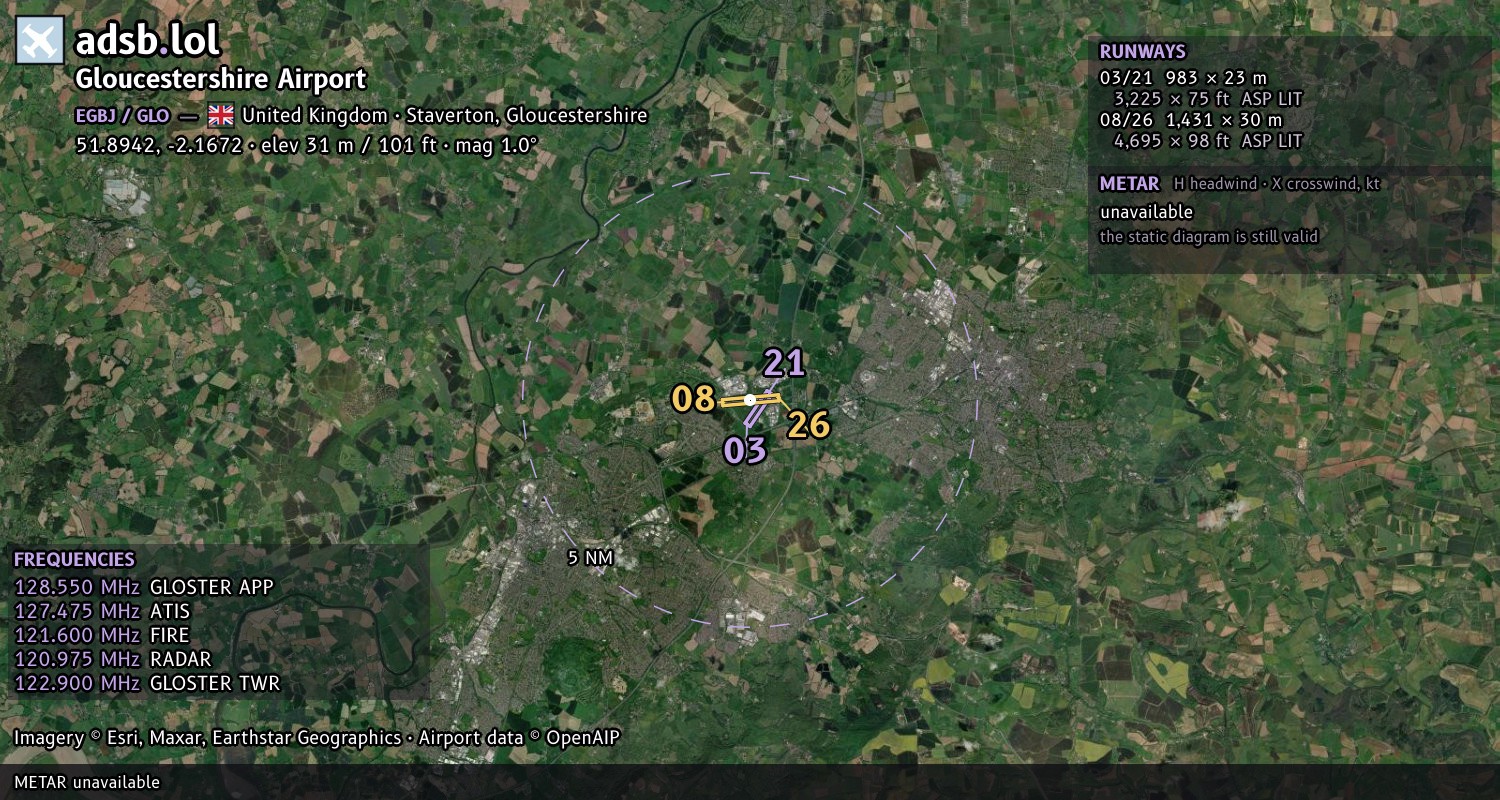 Satellite map with the runway layout of Gloucestershire Airport (EGBJ)