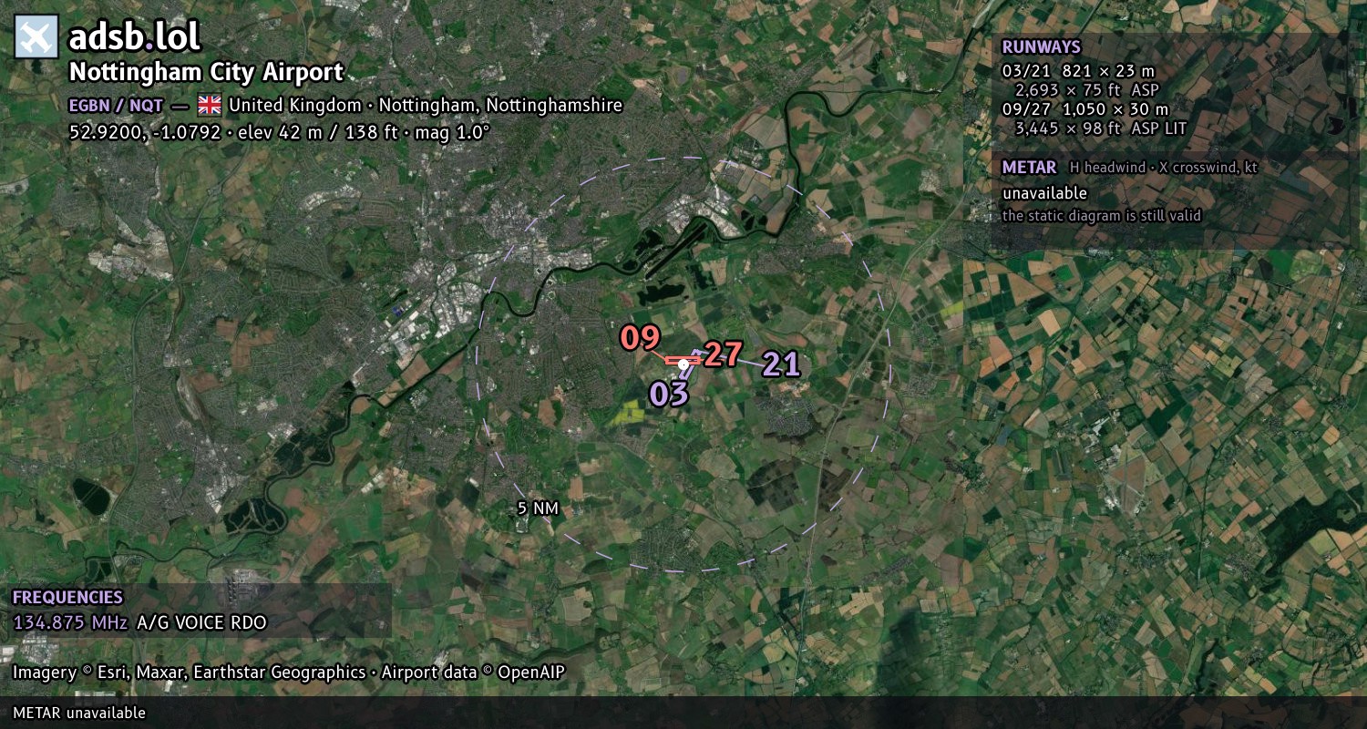 Satellite map with the runway layout of Nottingham City Airport (EGBN)