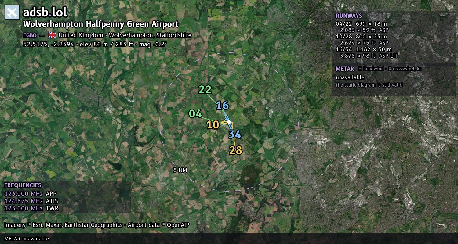 Satellite map with the runway layout of Wolverhampton Halfpenny Green Airport (EGBO)