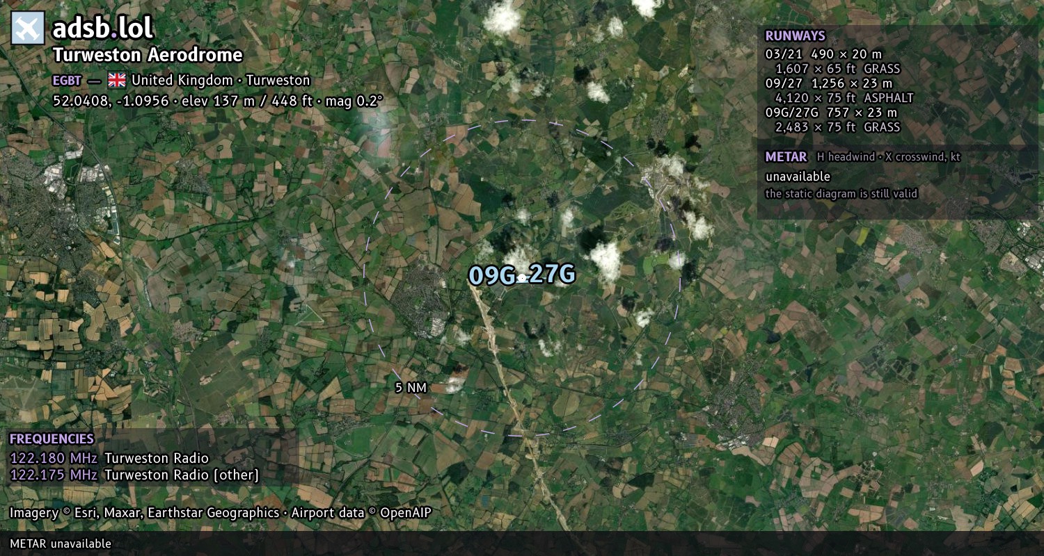 Satellite map with the runway layout of Turweston Aerodrome (EGBT)