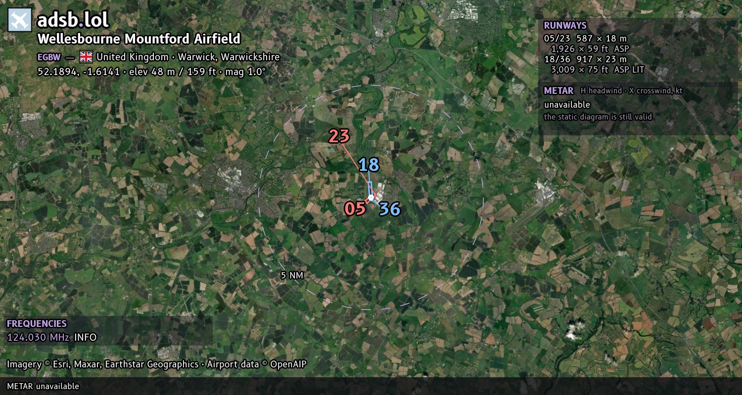 Satellite map with the runway layout of Wellesbourne Mountford Airfield (EGBW)