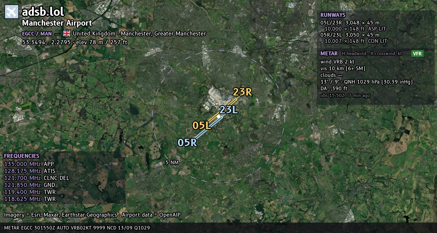Satellite map with the runway layout of Manchester Airport (EGCC)