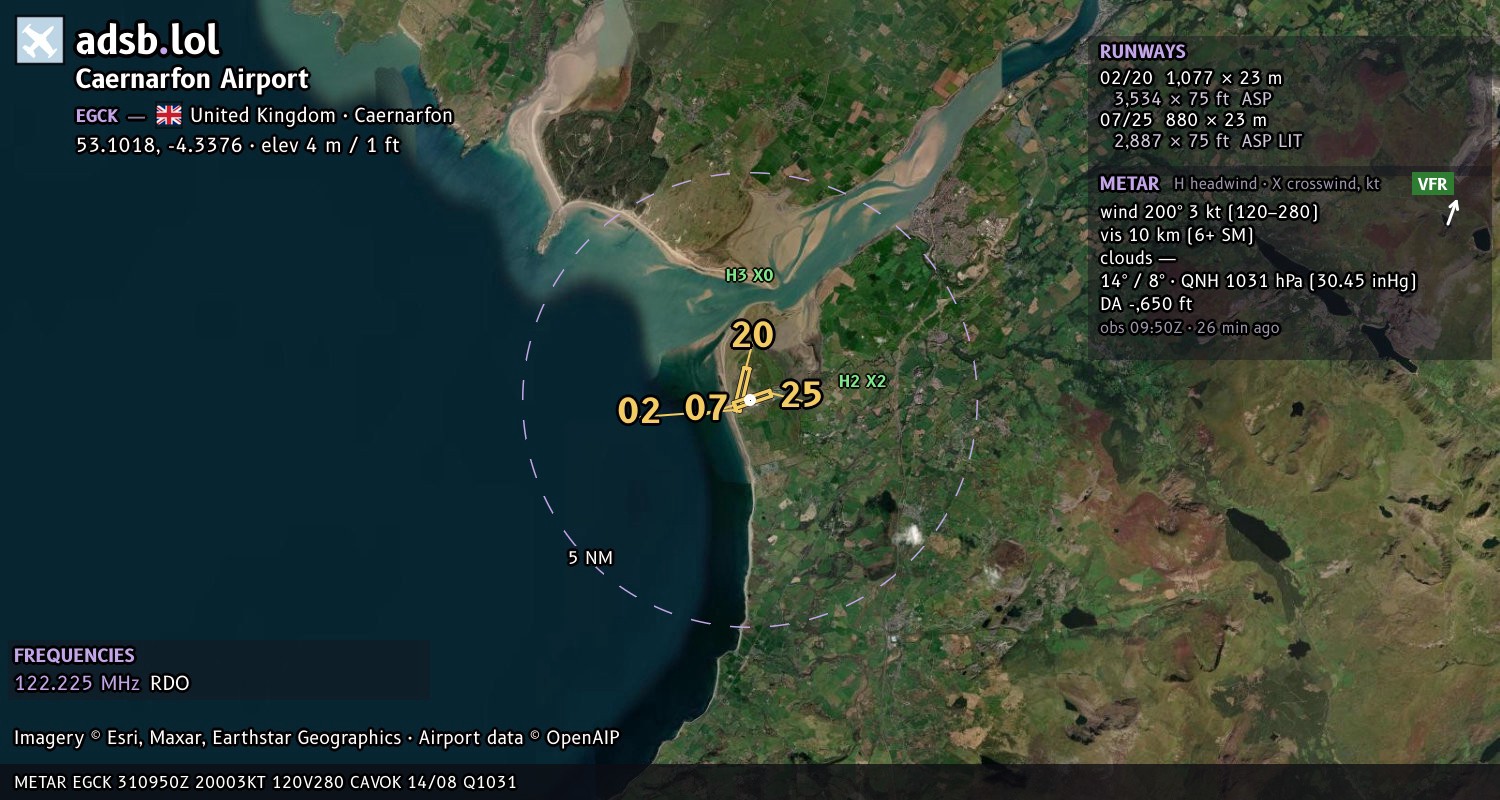 Satellite map with the runway layout of Caernarfon Airport (EGCK)