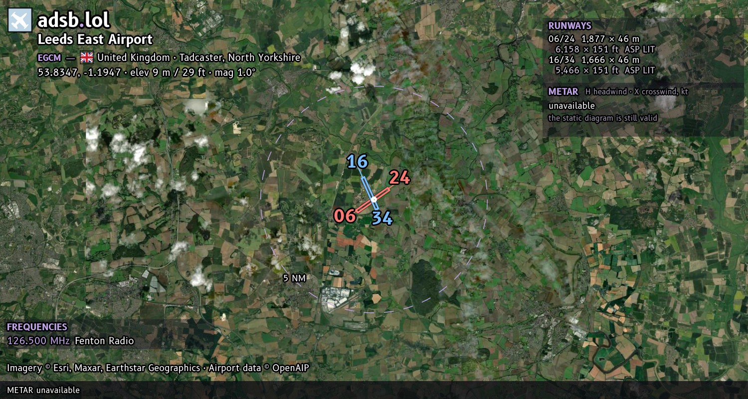 Satellite map with the runway layout of Leeds East Airport (EGCM)