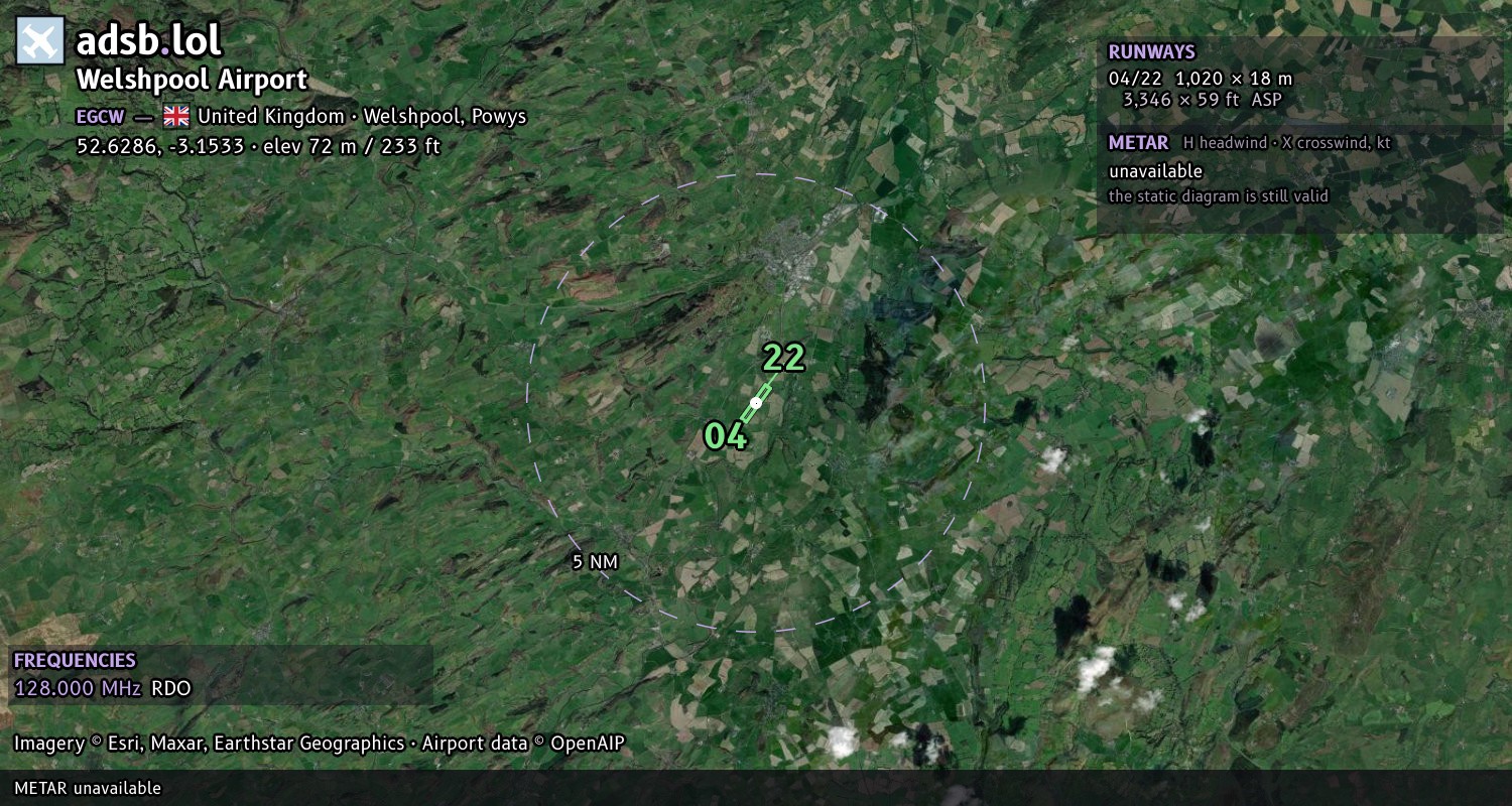 Satellite map with the runway layout of Welshpool Airport (EGCW)