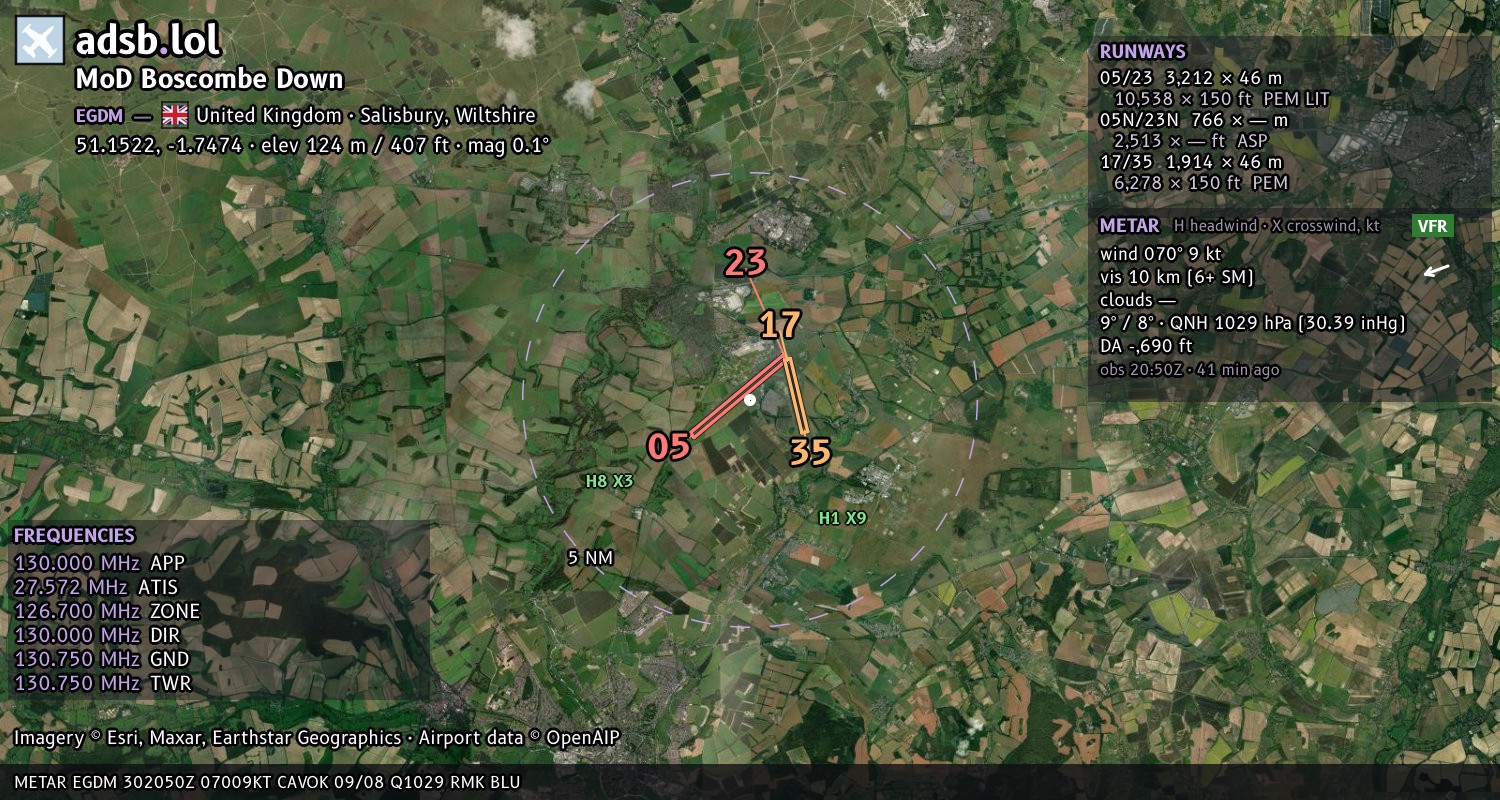 Satellite map with the runway layout of MoD Boscombe Down (EGDM)
