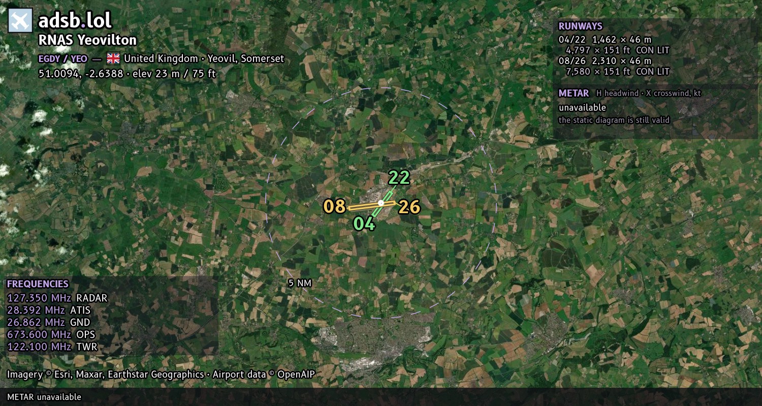 Satellite map with the runway layout of RNAS Yeovilton (EGDY)