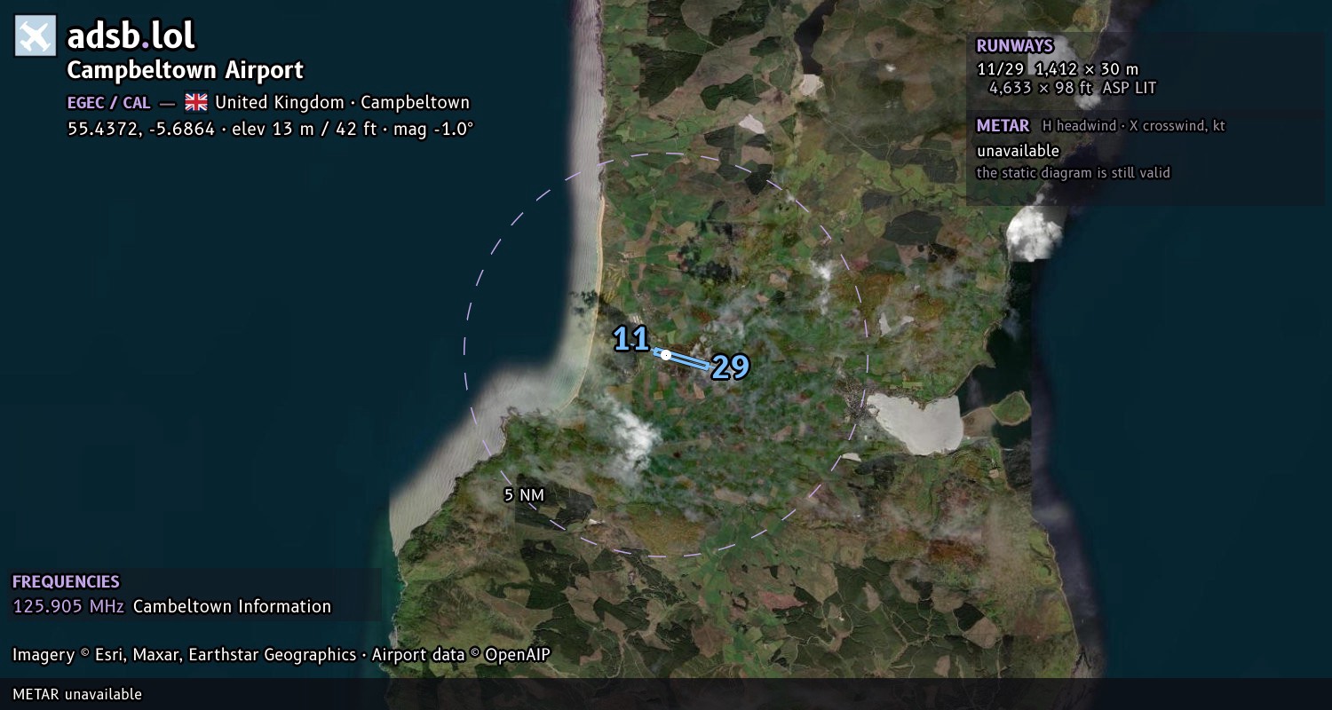 Satellite map with the runway layout of Campbeltown Airport (EGEC)