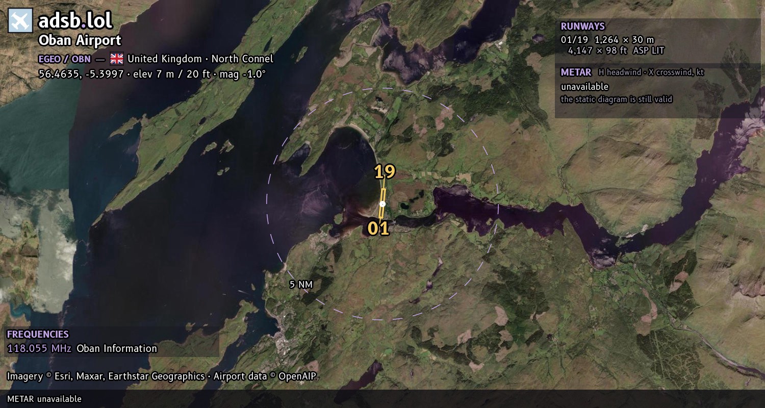Satellite map with the runway layout of Oban Airport (EGEO)