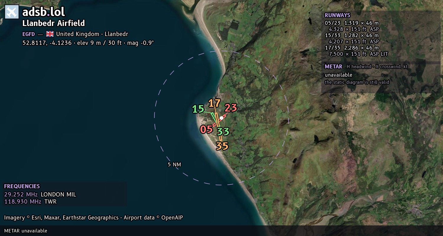 Satellite map with the runway layout of Llanbedr Airfield (EGFD)