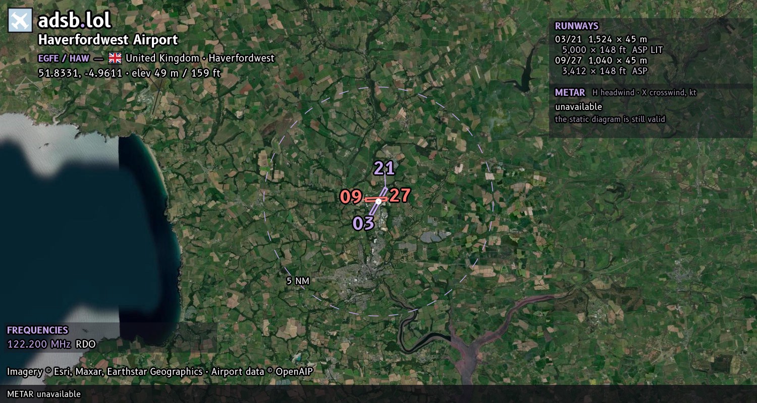 Satellite map with the runway layout of Haverfordwest Airport (EGFE)