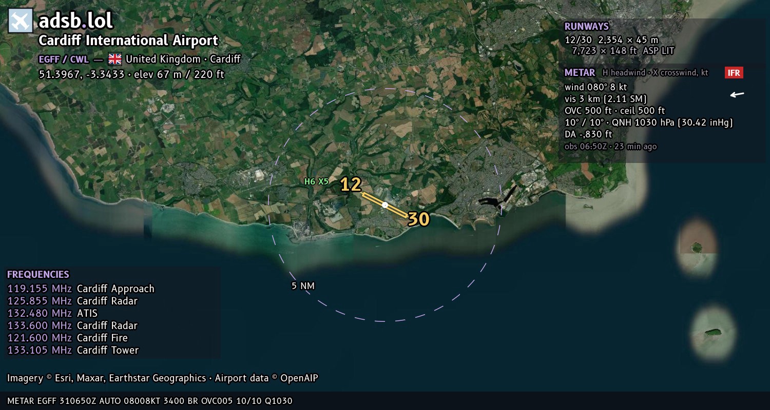 Satellite map with the runway layout of Cardiff International Airport (EGFF)