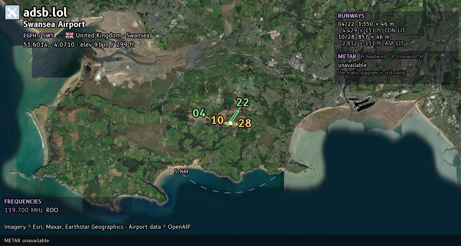 Satellite map with the runway layout of Swansea Airport (EGFH)