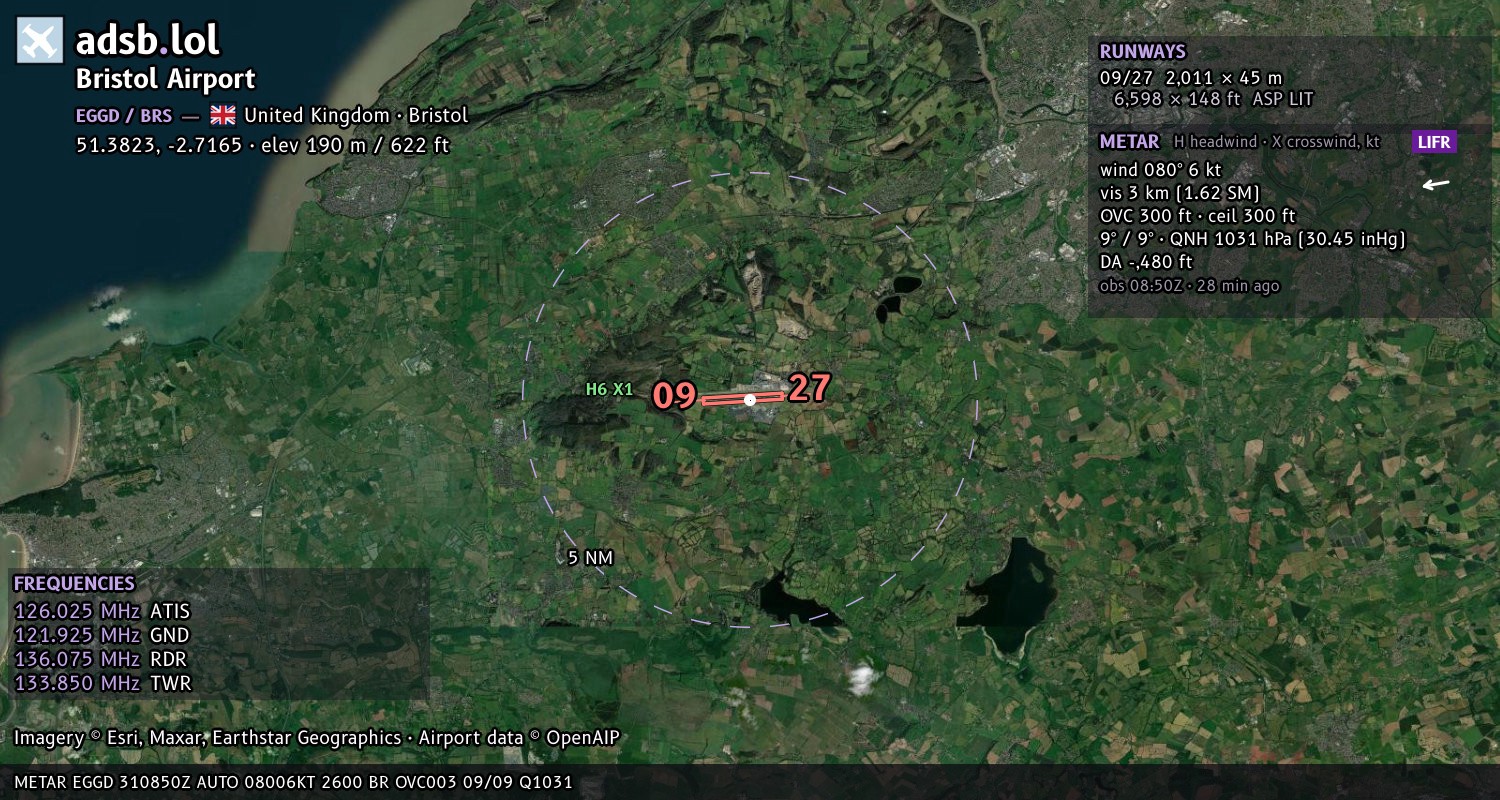 Satellite map with the runway layout of Bristol Airport (EGGD)