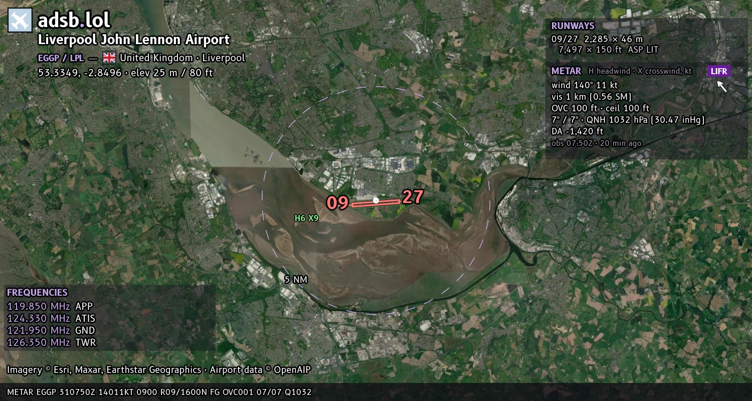 Satellite map with the runway layout of Liverpool John Lennon Airport (EGGP)