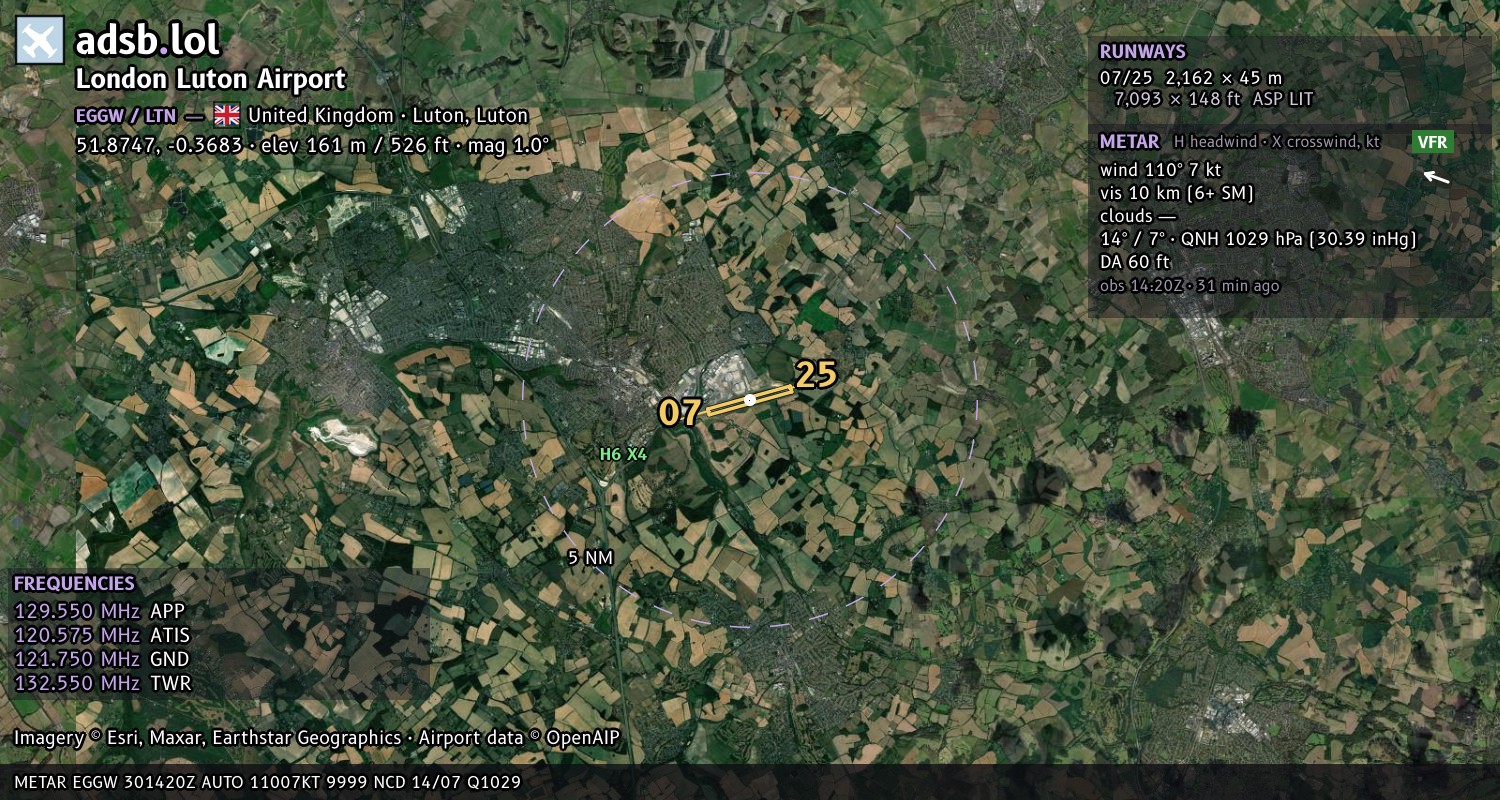 Satellite map with the runway layout of London Luton Airport (EGGW)