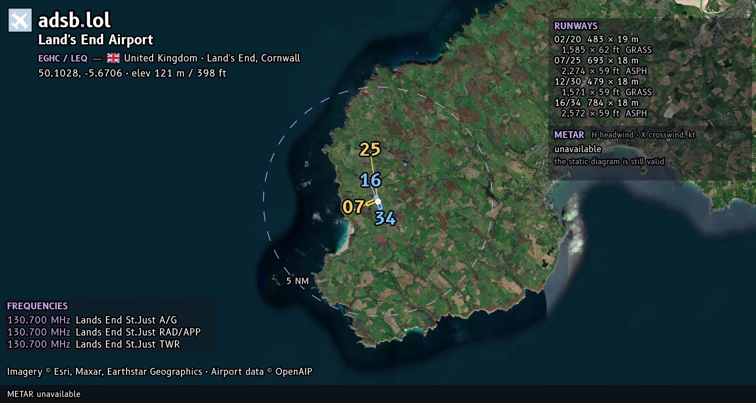 Satellite map with the runway layout of Land's End Airport (EGHC)