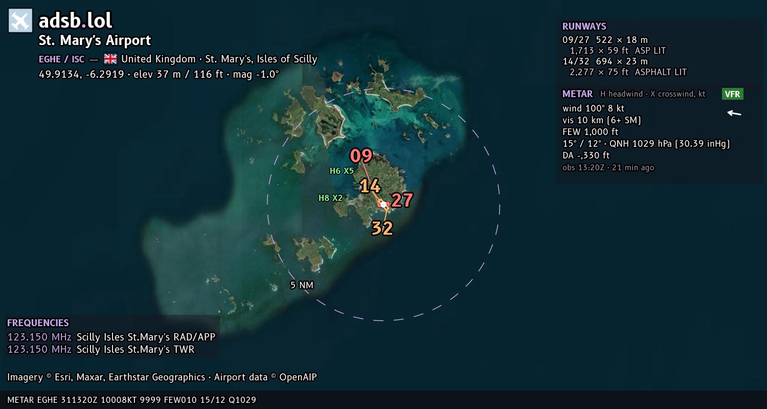 Satellite map with the runway layout of St. Mary's Airport (EGHE)