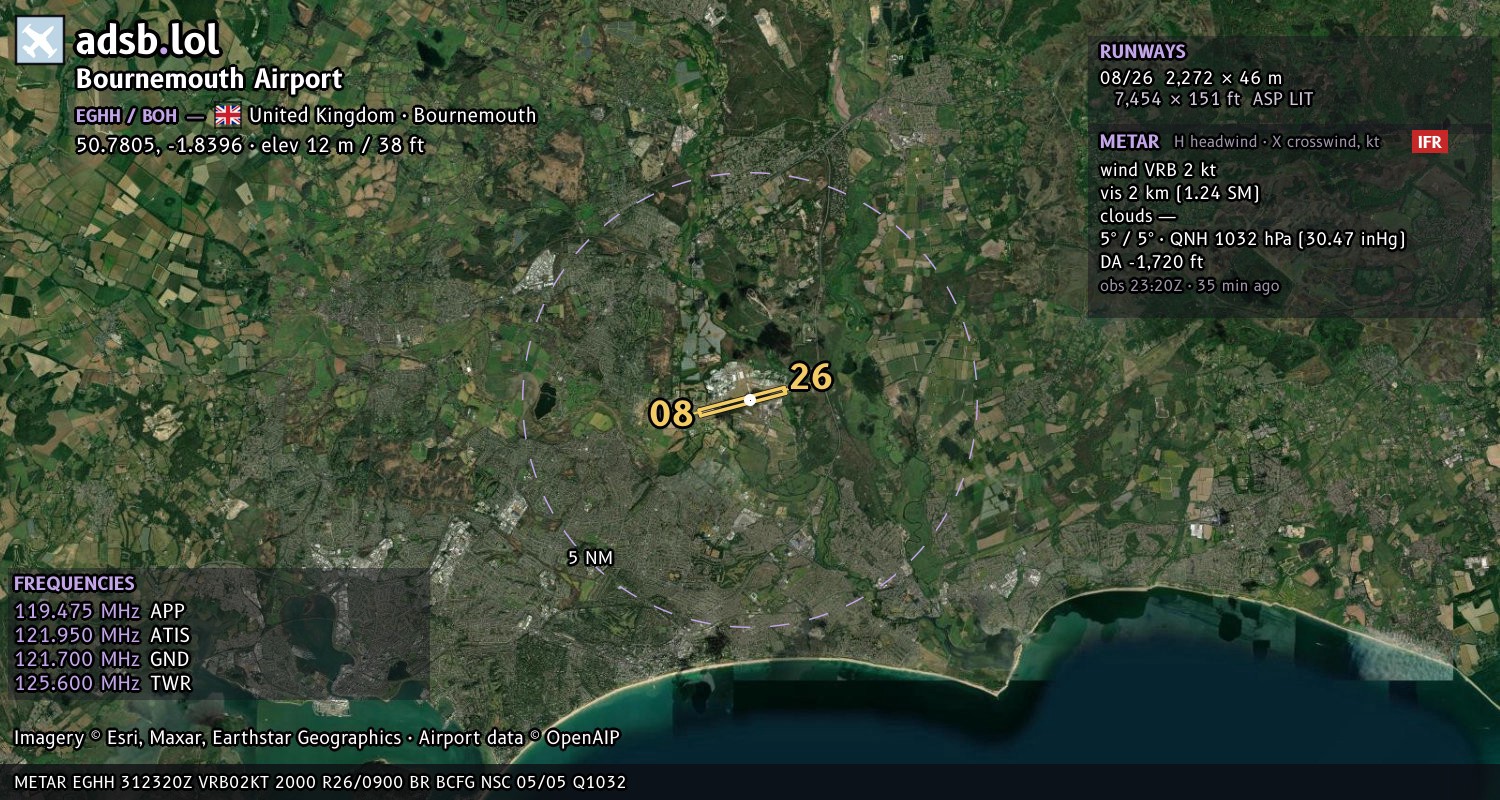 Satellite map with the runway layout of Bournemouth Airport (EGHH)