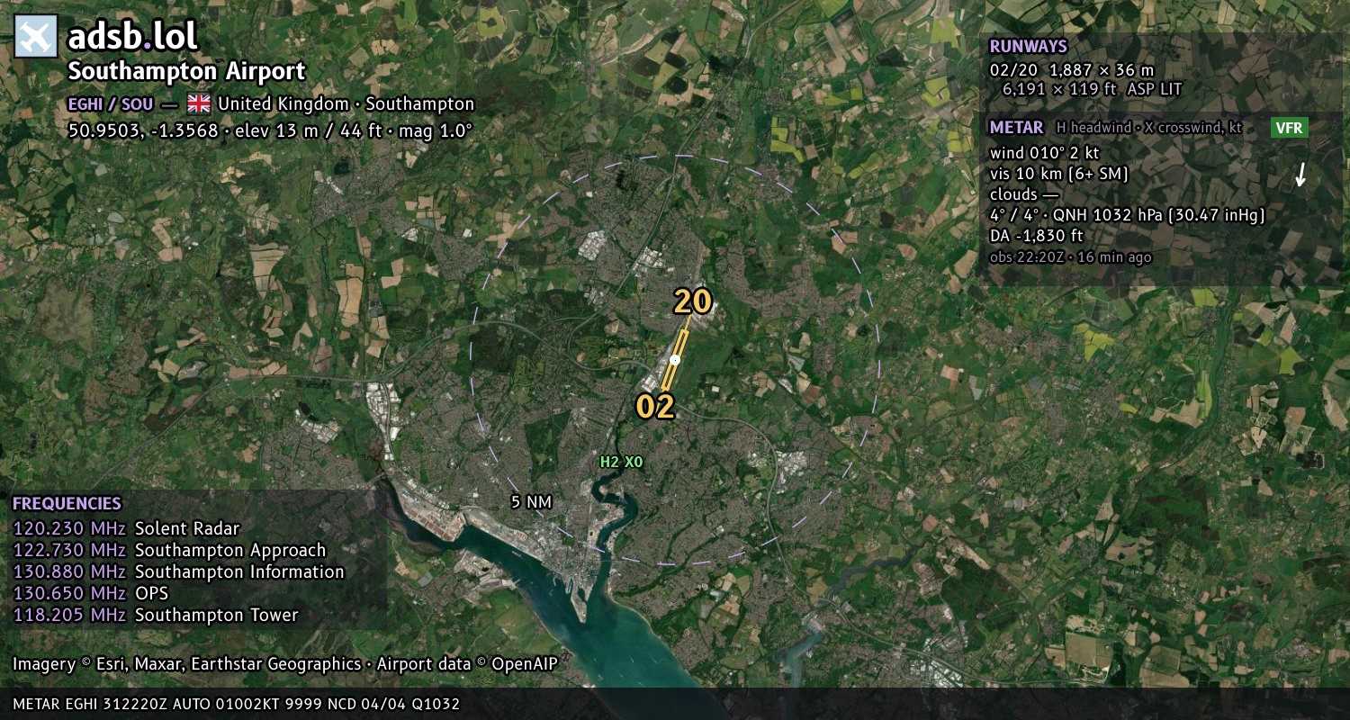 Satellite map with the runway layout of Southampton Airport (EGHI)