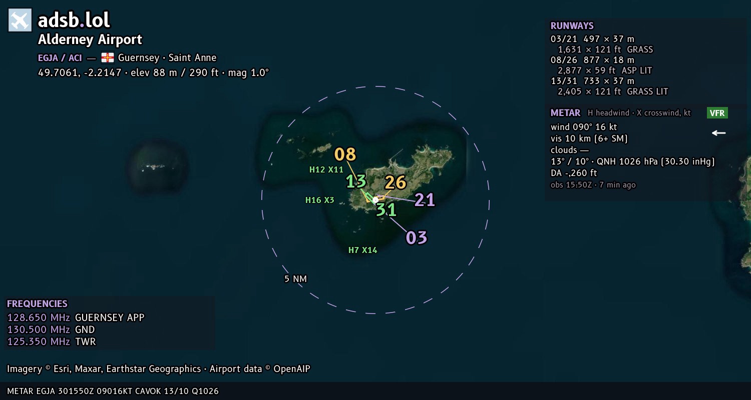 Satellite map with the runway layout of Alderney Airport (EGJA)