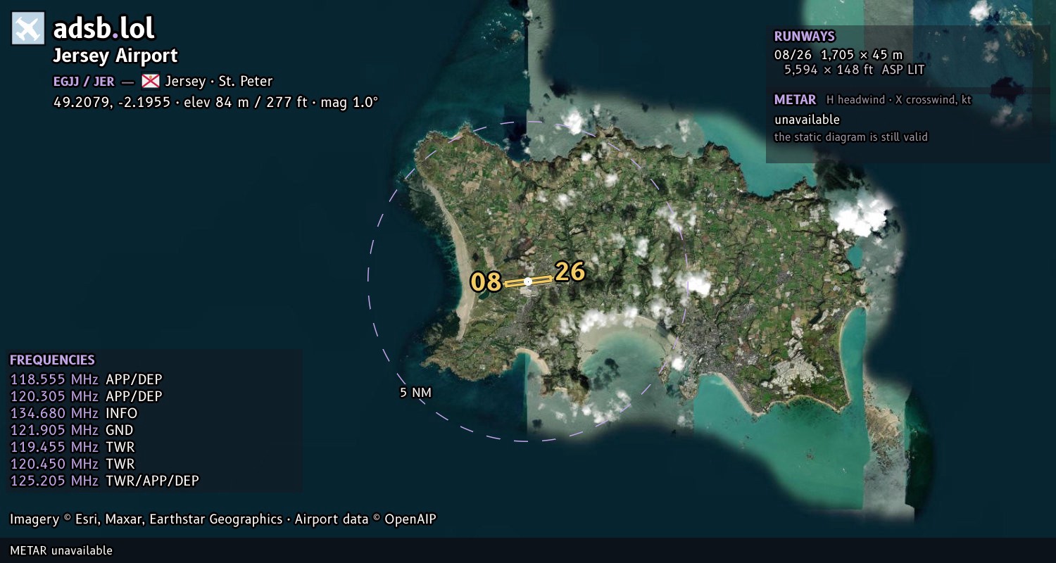 Satellite map with the runway layout of Jersey Airport (EGJJ)
