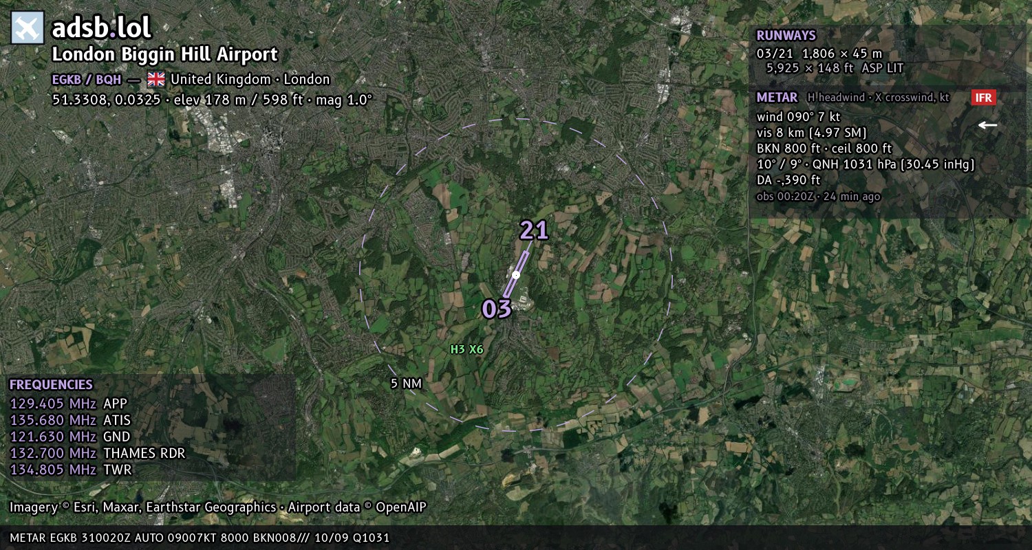 Satellite map with the runway layout of London Biggin Hill Airport (EGKB)