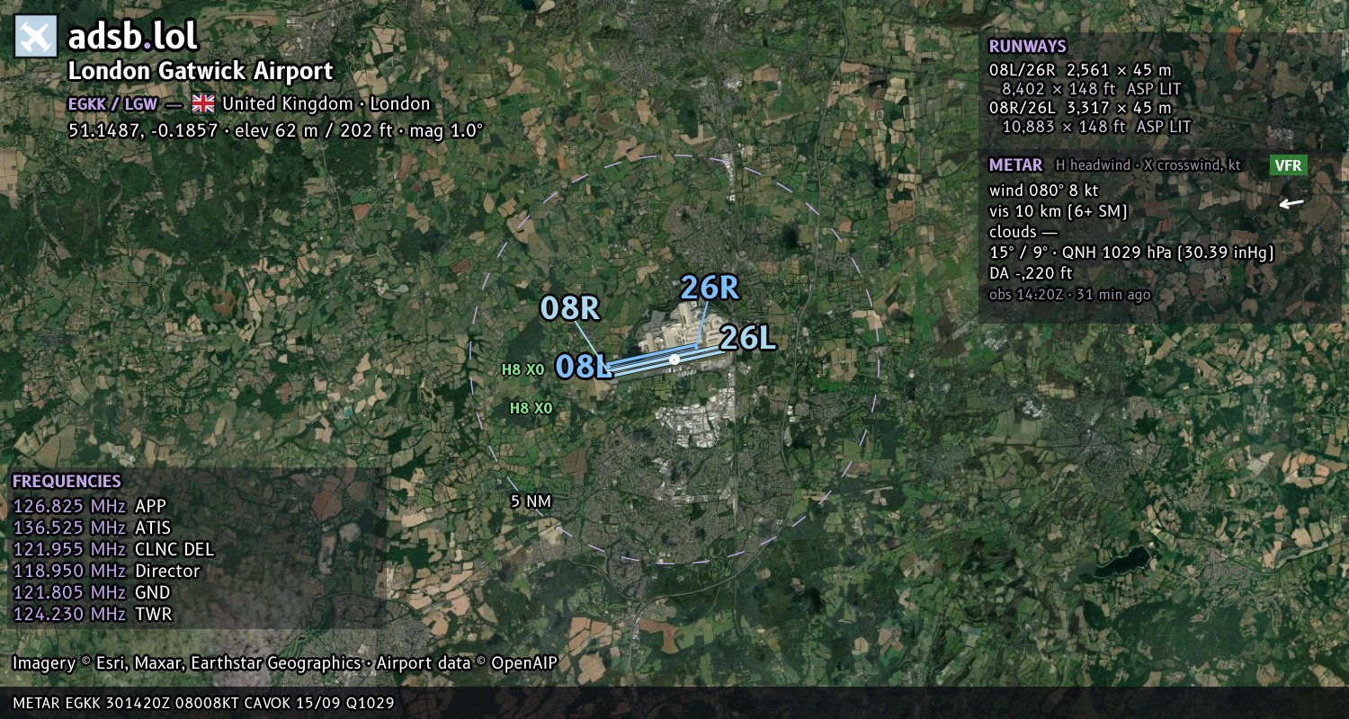 Satellite map with the runway layout of London Gatwick Airport (EGKK)