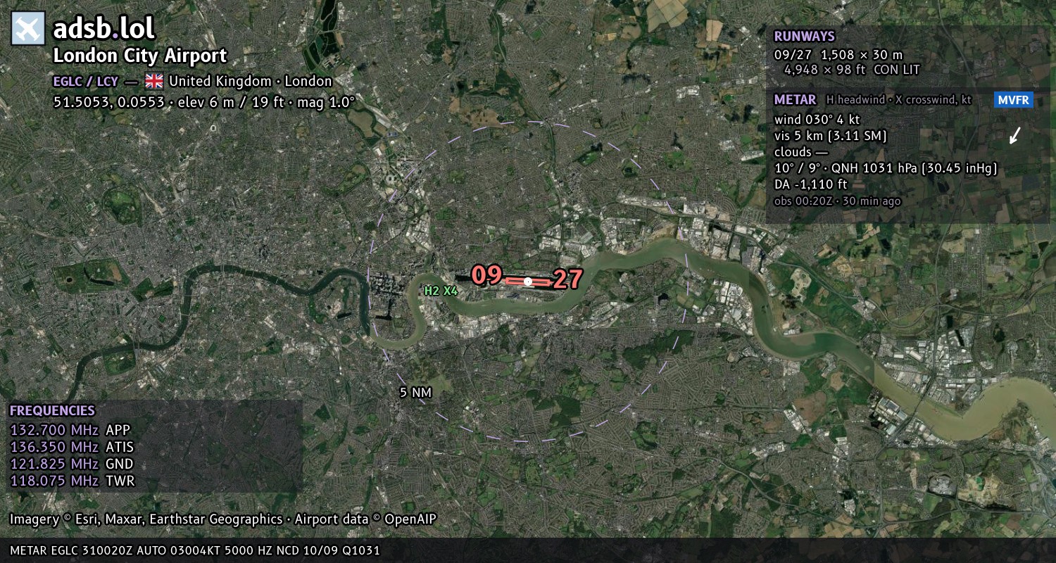Satellite map with the runway layout of London City Airport (EGLC)