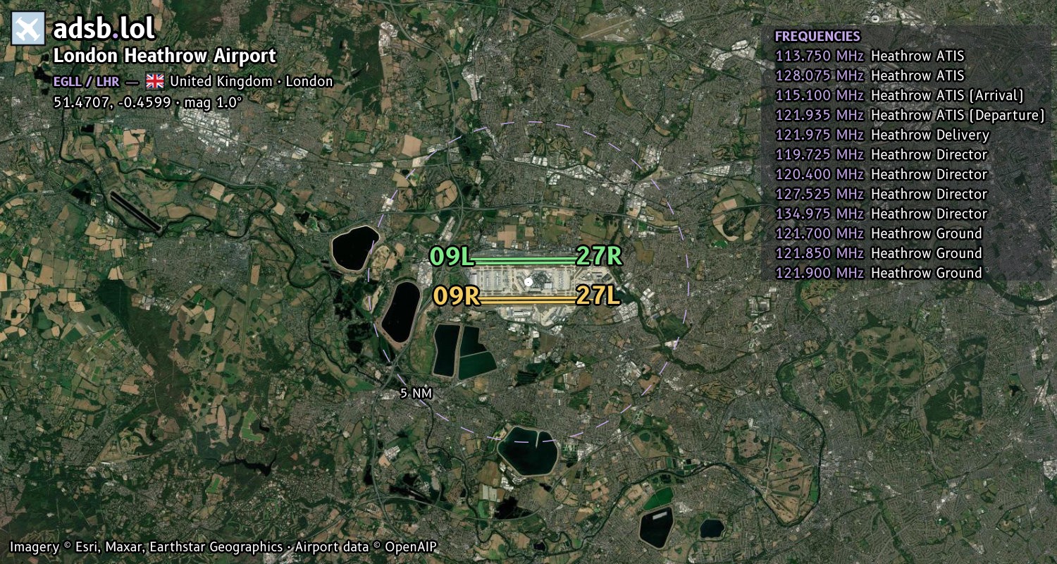 Satellite map with the runway layout of London Heathrow Airport (EGLL)
