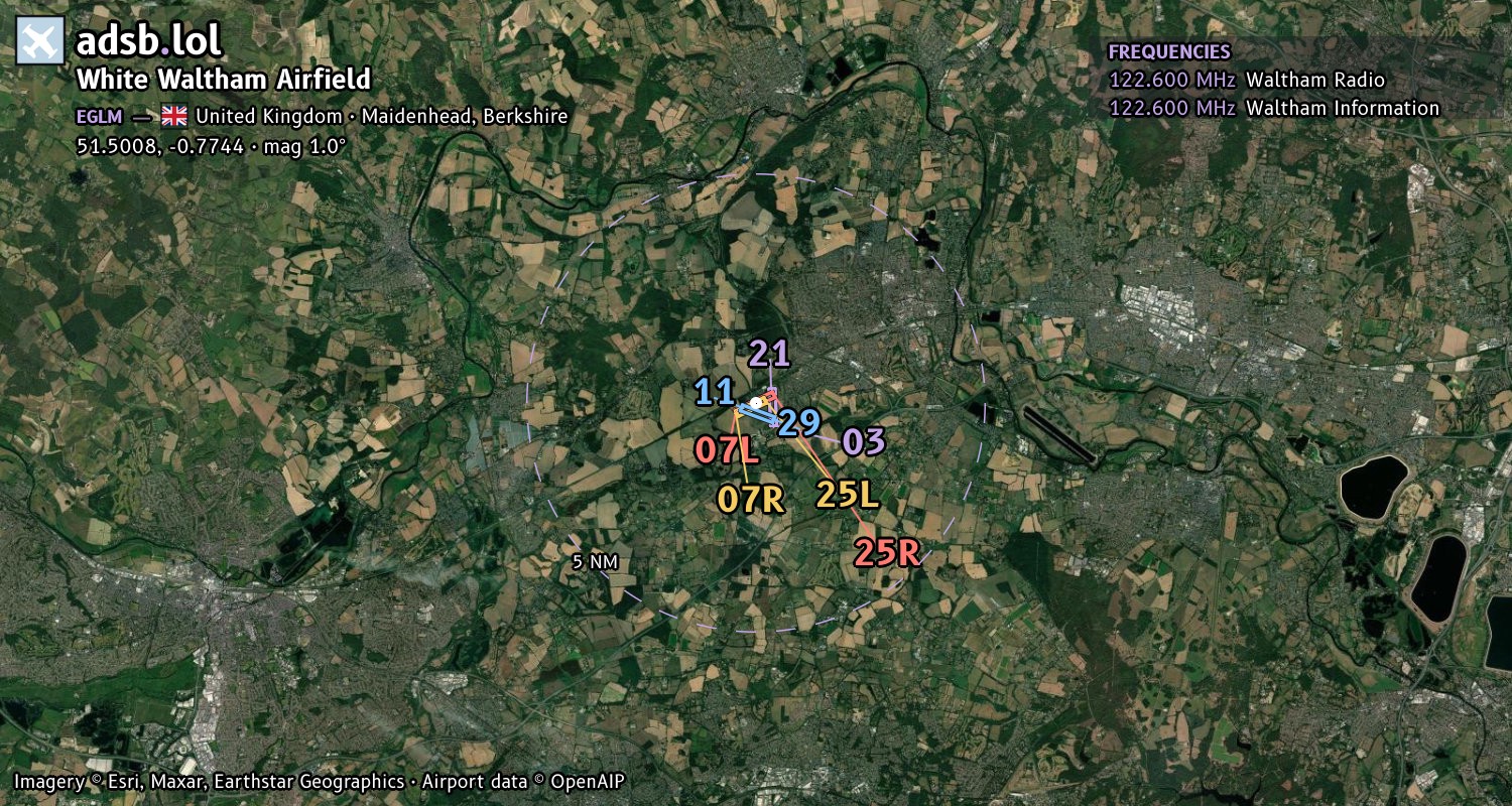 Satellite map with the runway layout of White Waltham Airfield (EGLM)