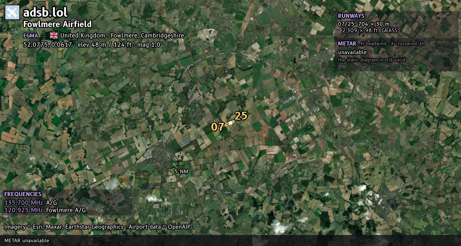 Satellite map with the runway layout of Fowlmere Airfield (EGMA)