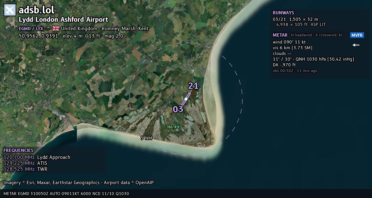Satellite map with the runway layout of Lydd London Ashford Airport (EGMD)
