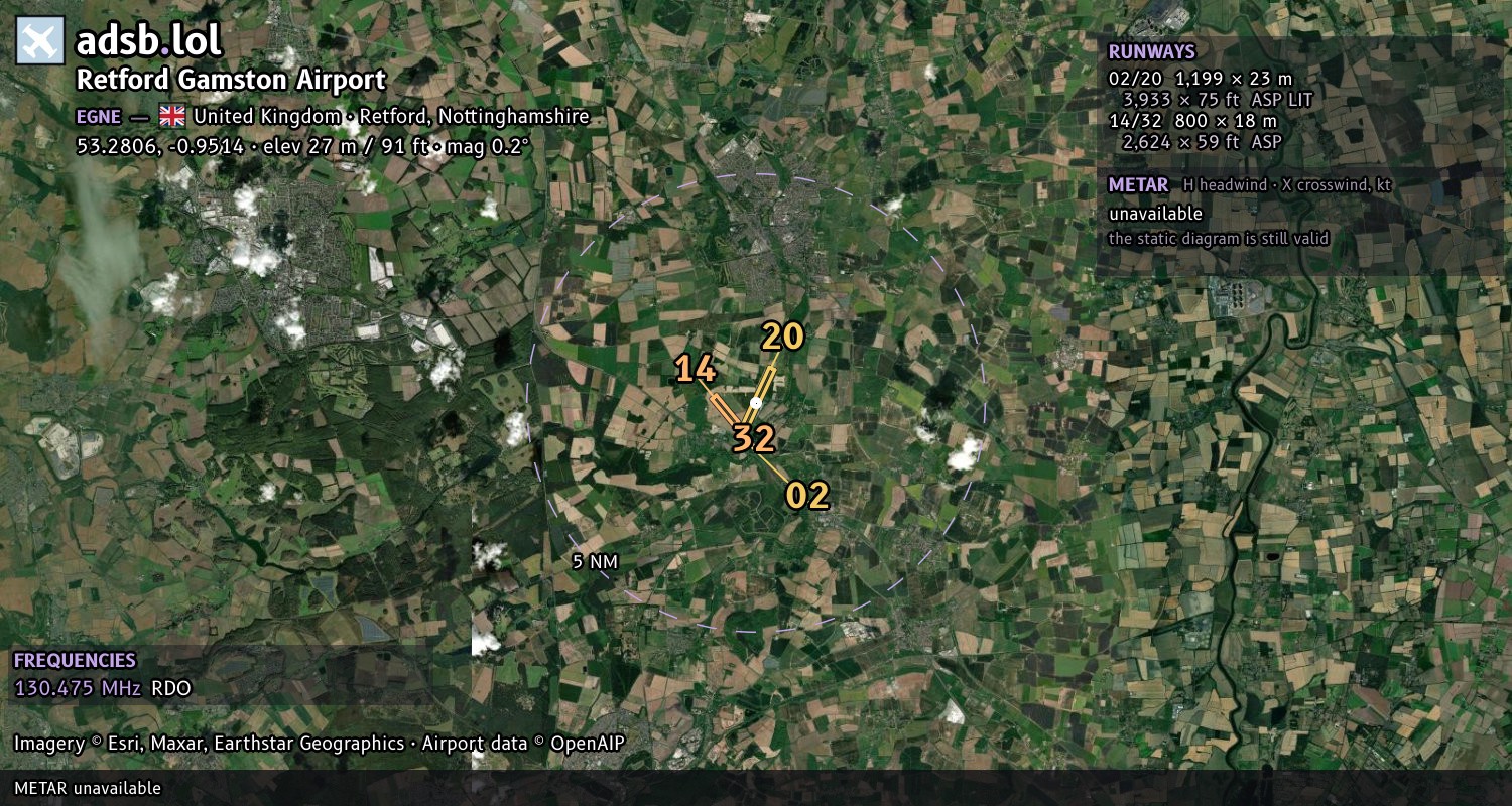 Satellite map with the runway layout of Retford Gamston Airport (EGNE)