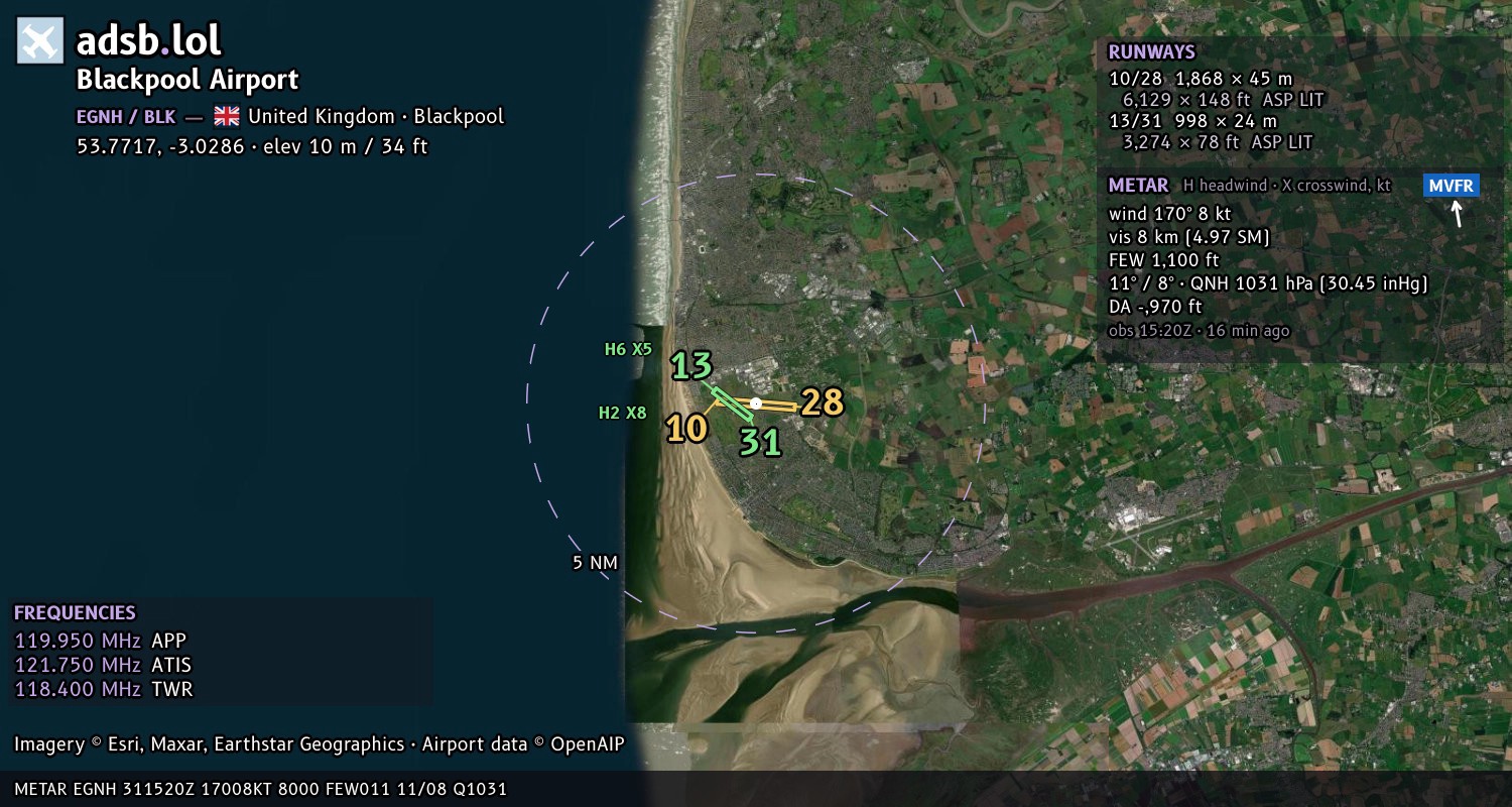 Satellite map with the runway layout of Blackpool Airport (EGNH)
