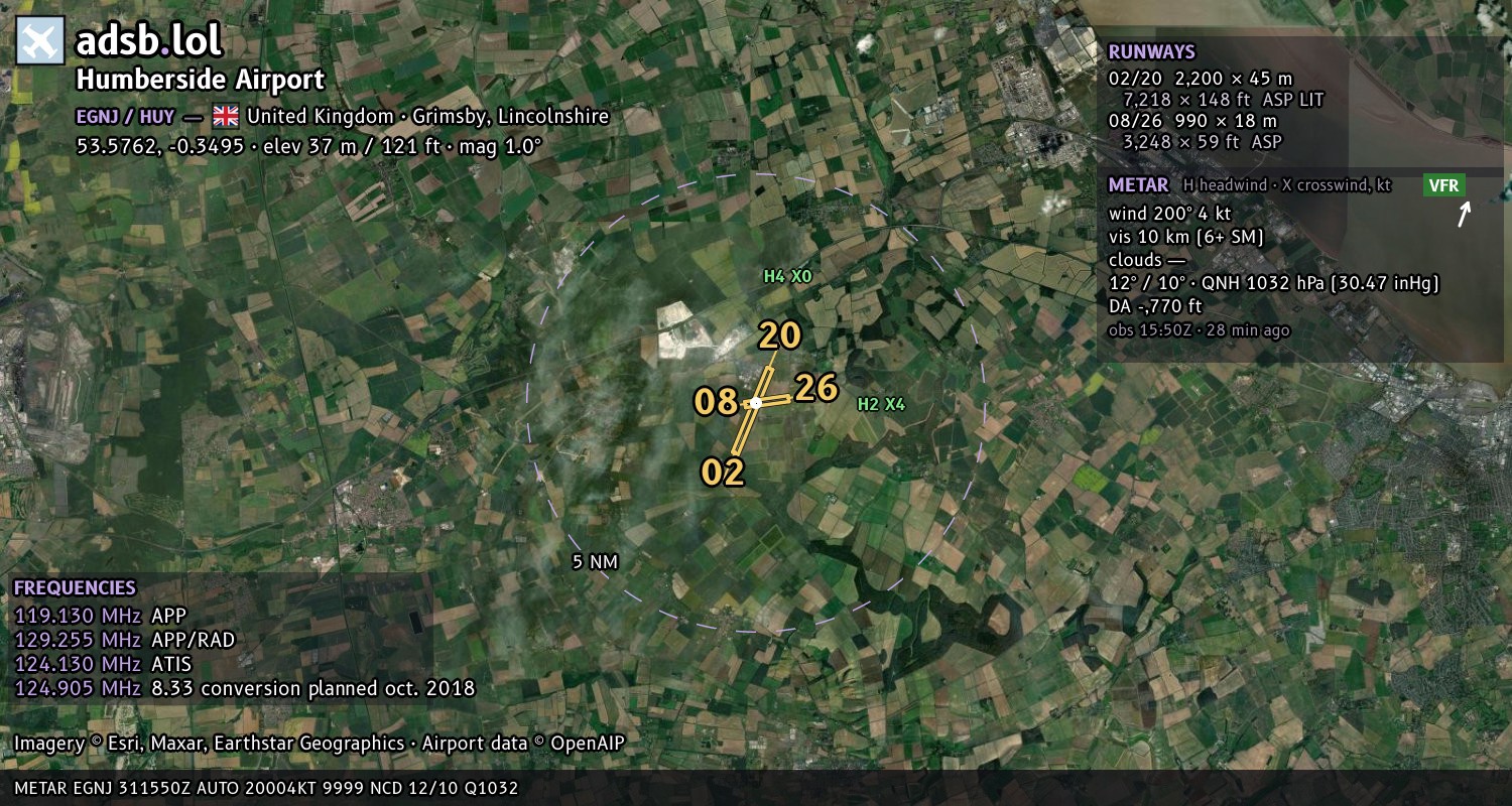 Satellite map with the runway layout of Humberside Airport (EGNJ)