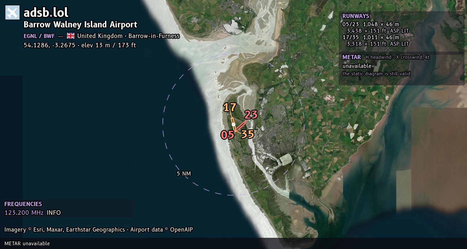 Satellite map with the runway layout of Barrow Walney Island Airport (EGNL)