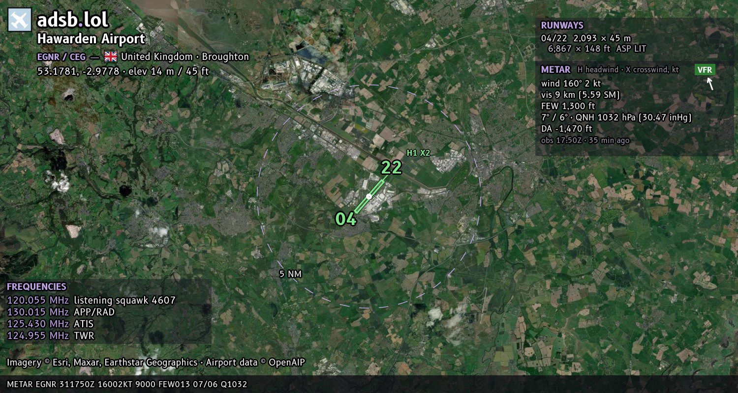Satellite map with the runway layout of Hawarden Airport (EGNR)