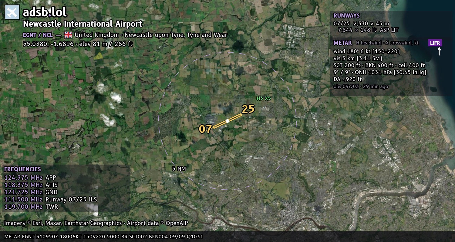 Satellite map with the runway layout of Newcastle International Airport (EGNT)