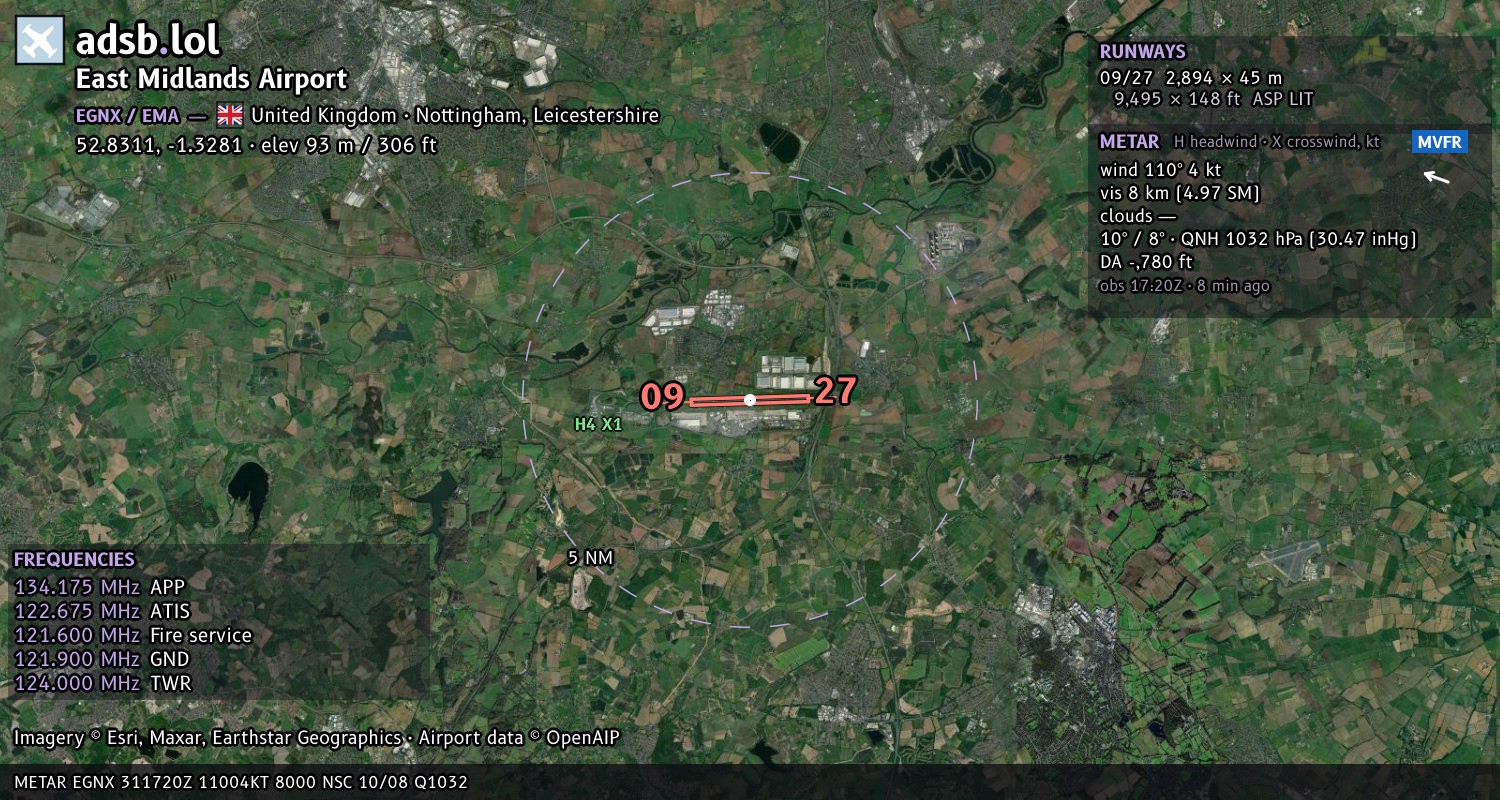 Satellite map with the runway layout of East Midlands Airport (EGNX)