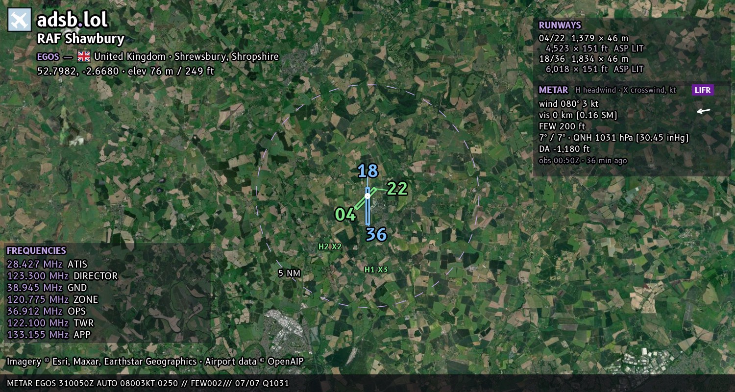 Satellite map with the runway layout of RAF Shawbury (EGOS)