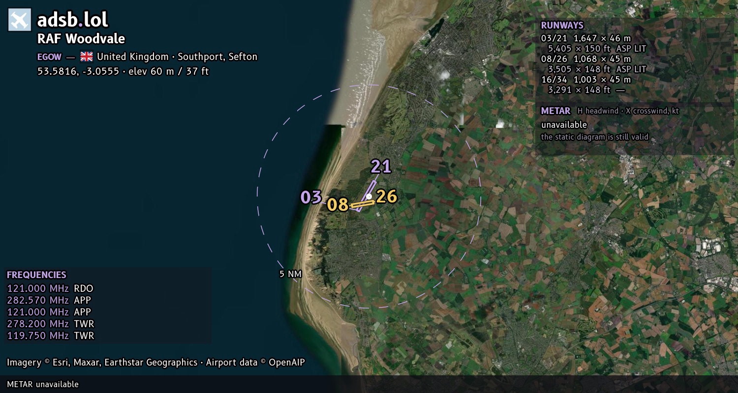 Satellite map with the runway layout of RAF Woodvale (EGOW)