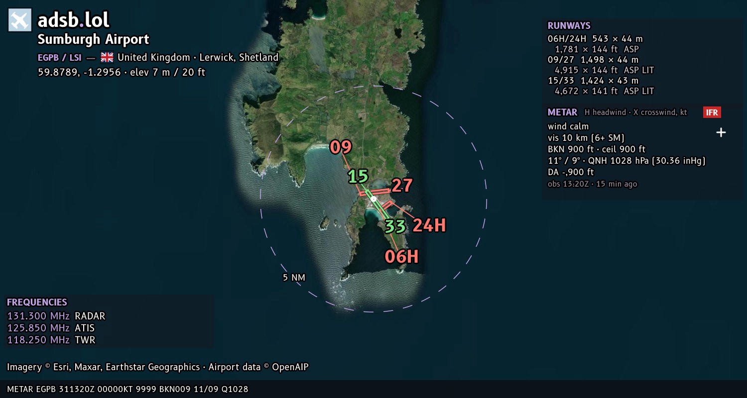 Satellite map with the runway layout of Sumburgh Airport (EGPB)